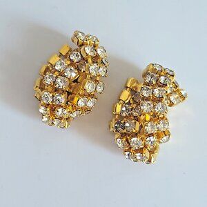 Bold Gold tone Vintage Clip-On Earrings Clear Rhinestones Statement 80s Glam